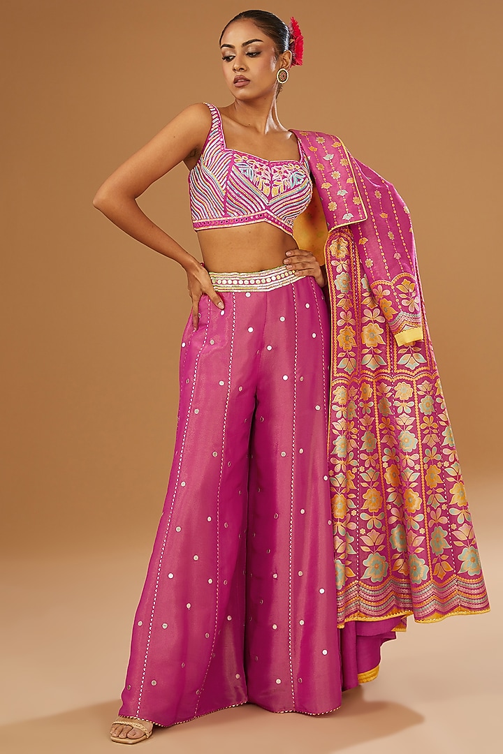 Hot Pink Silk Zari Blend Floral Hand Printed Jacket Set by I AM DESIGN at Pernia's Pop Up Shop
