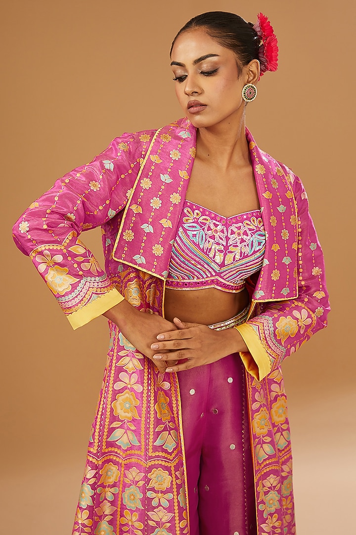 Hot Pink Silk Zari Blend Floral Hand Printed Jacket Set by I AM DESIGN at Pernia's Pop Up Shop