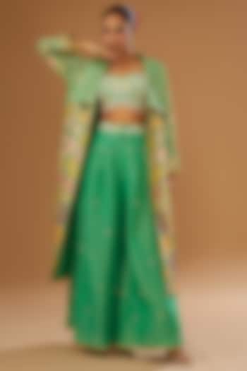 Green Silk Zari Blend Floral Hand Printed Jacket Set by I AM DESIGN at Pernia's Pop Up Shop