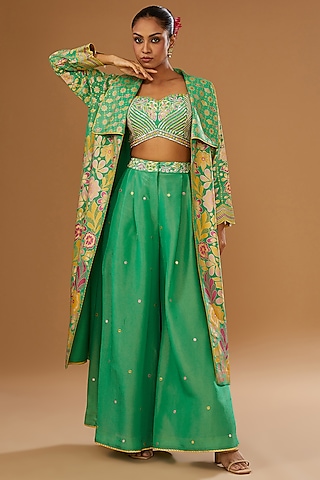Green Silk Zari Blend Floral Hand Printed Jacket Set by I AM DESIGN