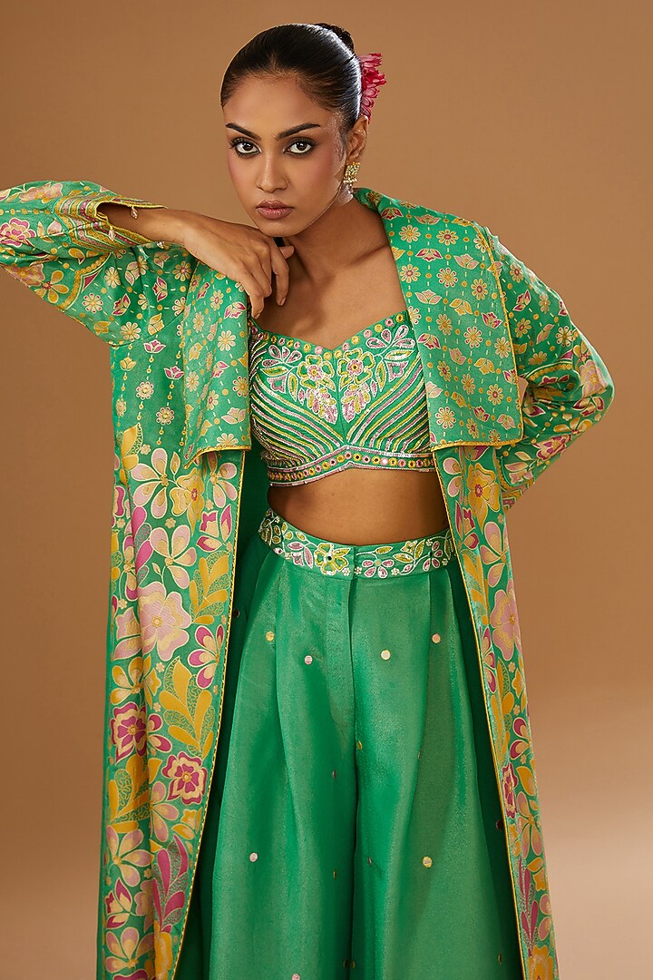 Green Silk Zari Blend Floral Hand Printed Jacket Set by I AM DESIGN at Pernia's Pop Up Shop