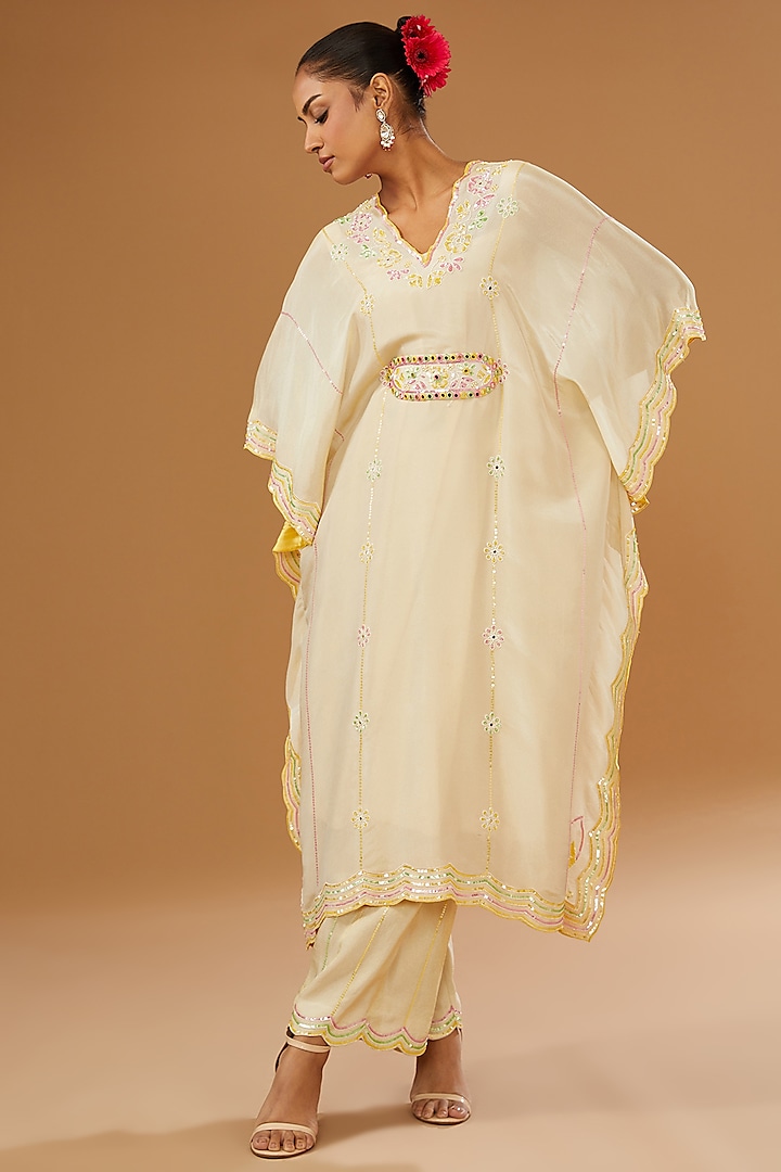 Ivory Silk Zari Hand Embroidered Kaftan Set by I AM DESIGN