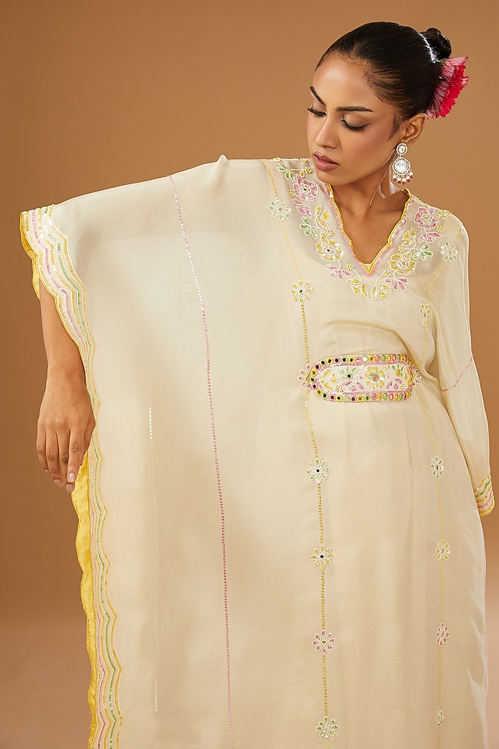 Ivory Silk Zari Hand Embroidered Kaftan Set by I AM DESIGN at Pernia's Pop Up Shop