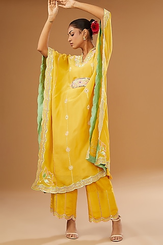 Mustard Silk Zari Hand Embroidered Kaftan Set by I AM DESIGN