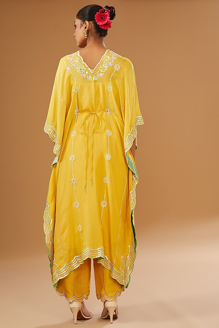 Mustard Silk Zari Hand Embroidered Kaftan Set by I AM DESIGN at Pernia's Pop Up Shop