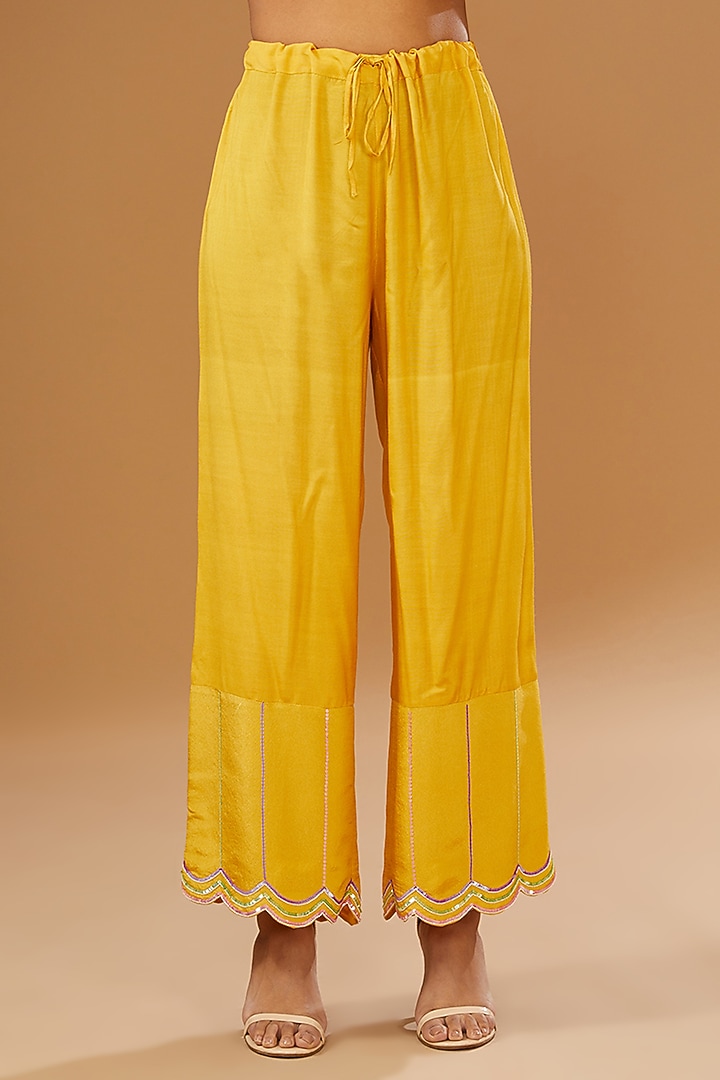 Mustard Silk Zari Hand Embroidered Kaftan Set by I AM DESIGN at Pernia's Pop Up Shop
