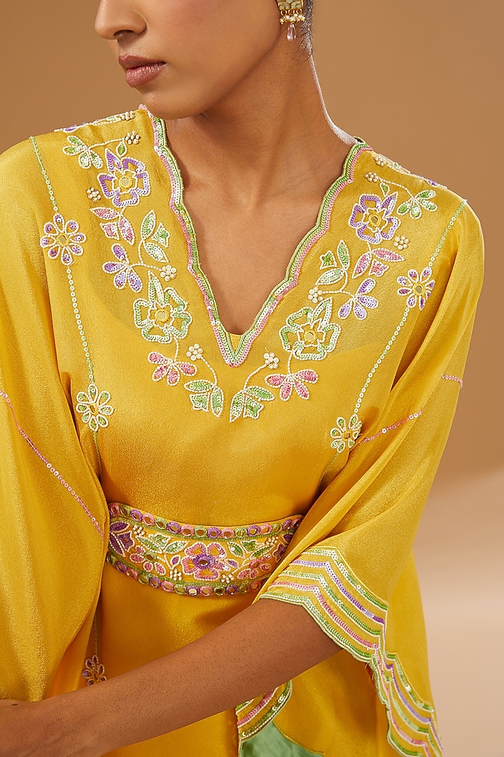 Mustard Silk Zari Hand Embroidered Kaftan Set by I AM DESIGN at Pernia's Pop Up Shop