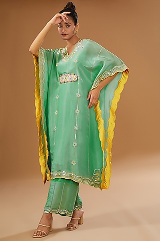 Mint Silk Zari Hand Embroidered Kaftan Set by I AM DESIGN