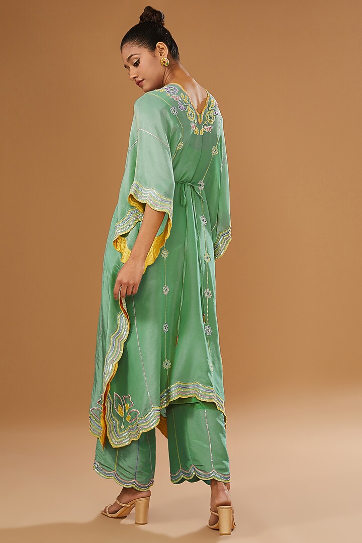 Mint Silk Zari Hand Embroidered Kaftan Set by I AM DESIGN at Pernia's Pop Up Shop