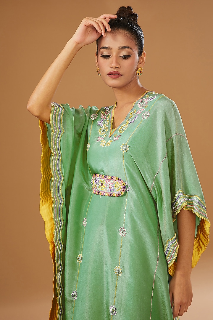 Mint Silk Zari Hand Embroidered Kaftan Set by I AM DESIGN at Pernia's Pop Up Shop