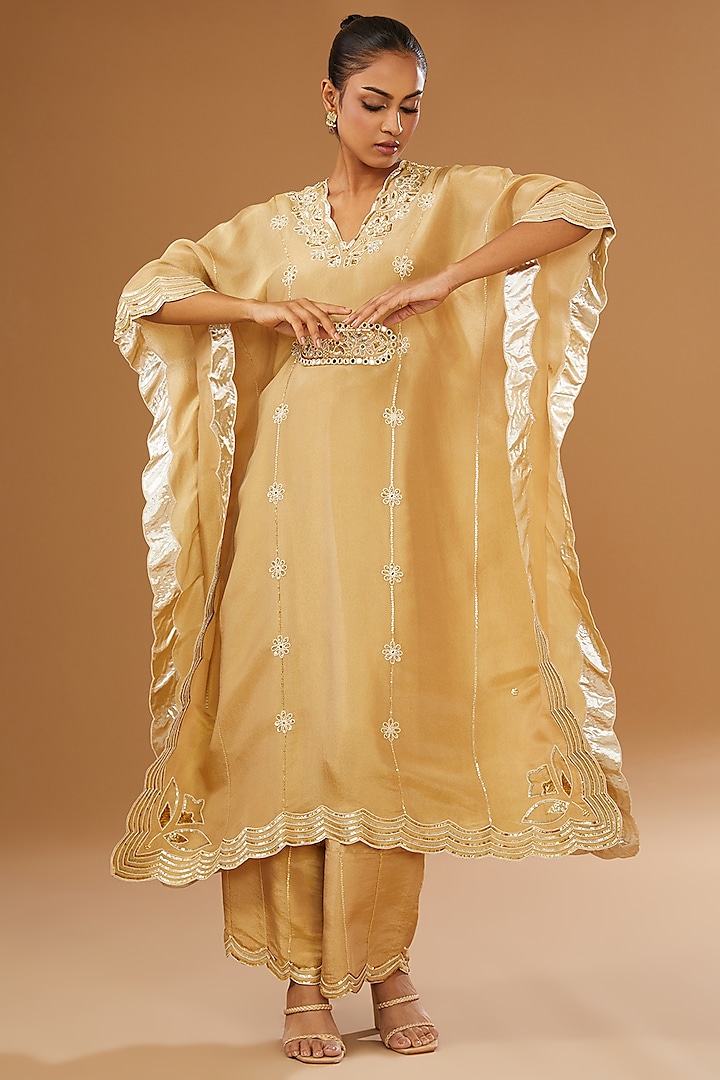 Gold Silk Zari Hand Embroidered Kaftan Set by I AM DESIGN