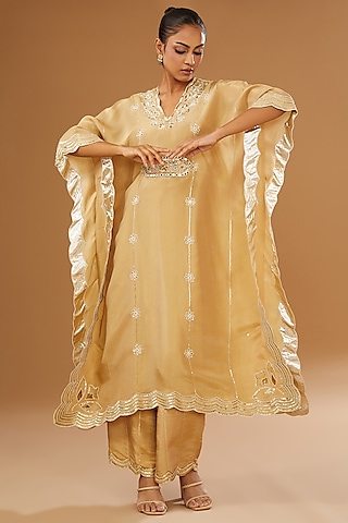 Gold Silk Zari Hand Embroidered Kaftan Set by I AM DESIGN