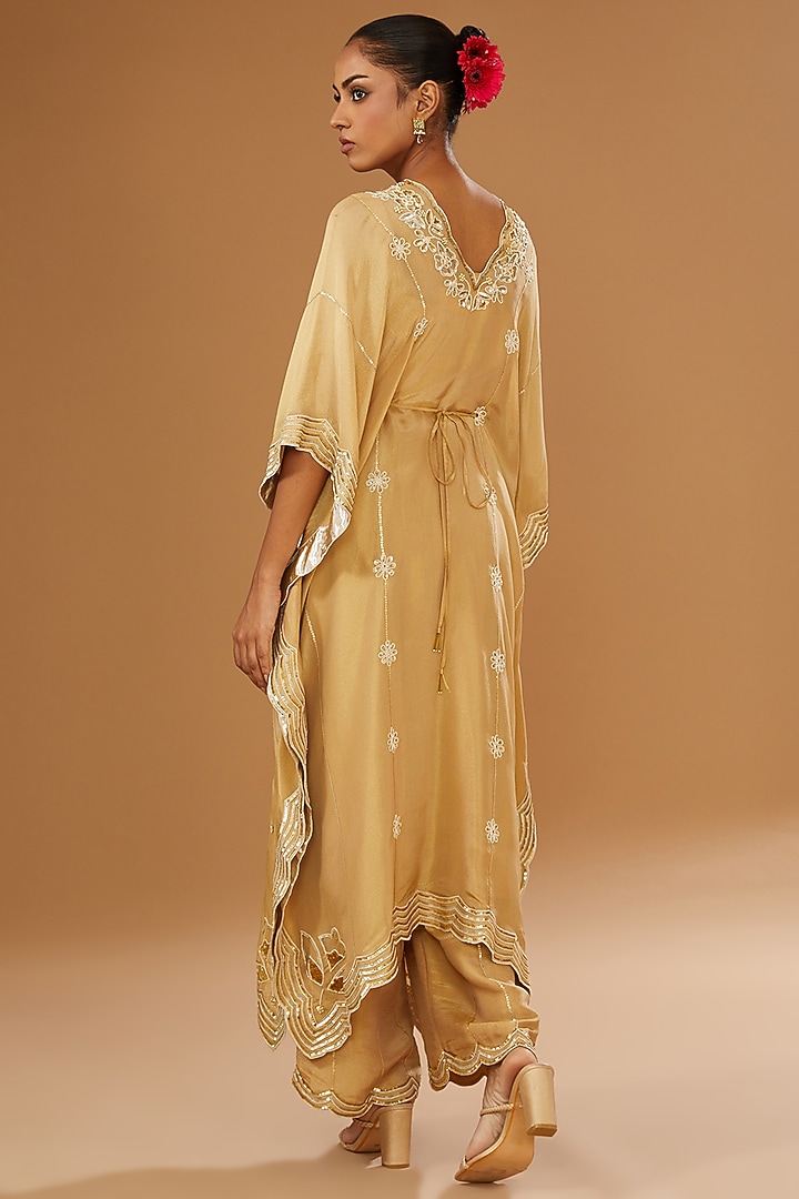 Gold Silk Zari Hand Embroidered Kaftan Set by I AM DESIGN at Pernia's Pop Up Shop