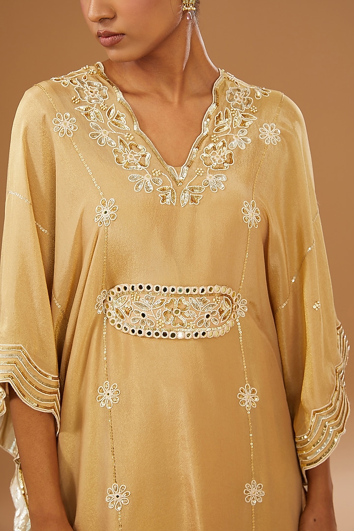 Gold Silk Zari Hand Embroidered Kaftan Set by I AM DESIGN at Pernia's Pop Up Shop