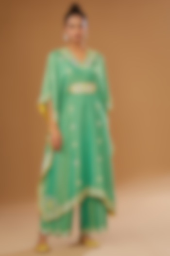 Green Silk Zari Hand Embroidered Kaftan Set by I AM DESIGN at Pernia's Pop Up Shop