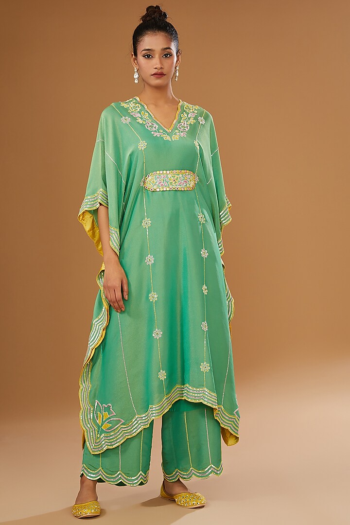 Green Silk Zari Hand Embroidered Kaftan Set by I AM DESIGN at Pernia's Pop Up Shop