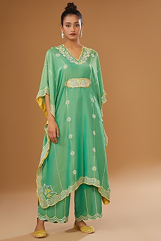 Green Silk Zari Hand Embroidered Kaftan Set by I AM DESIGN
