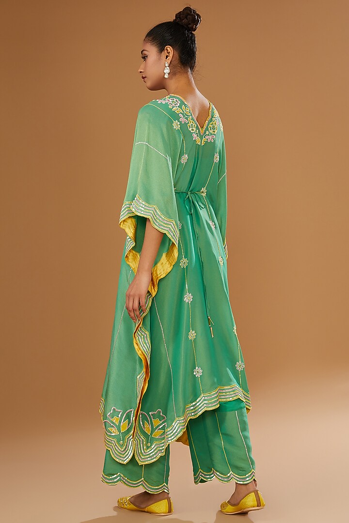 Green Silk Zari Hand Embroidered Kaftan Set by I AM DESIGN at Pernia's Pop Up Shop