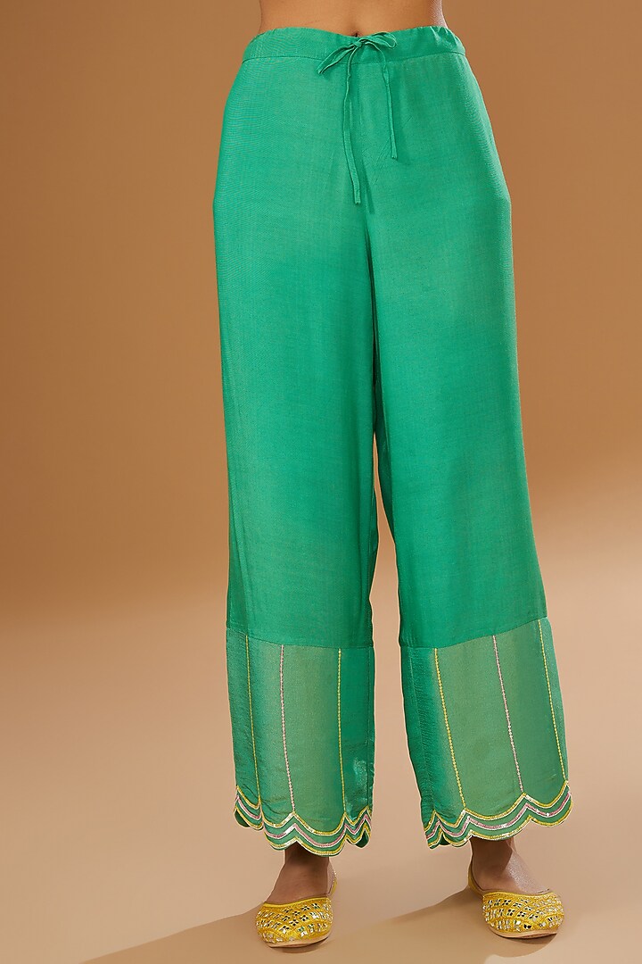 Green Silk Zari Hand Embroidered Kaftan Set by I AM DESIGN at Pernia's Pop Up Shop
