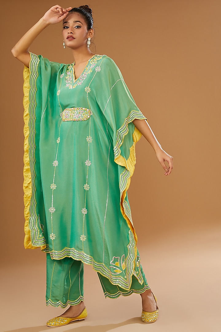 Green Silk Zari Hand Embroidered Kaftan Set by I AM DESIGN at Pernia's Pop Up Shop