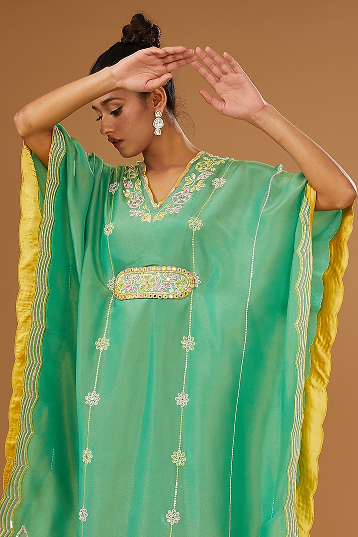 Green Silk Zari Hand Embroidered Kaftan Set by I AM DESIGN at Pernia's Pop Up Shop