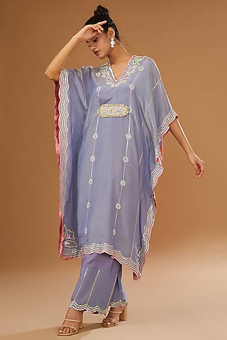 Mauve Silk Zari Hand Embroidered Kaftan Set by I AM DESIGN