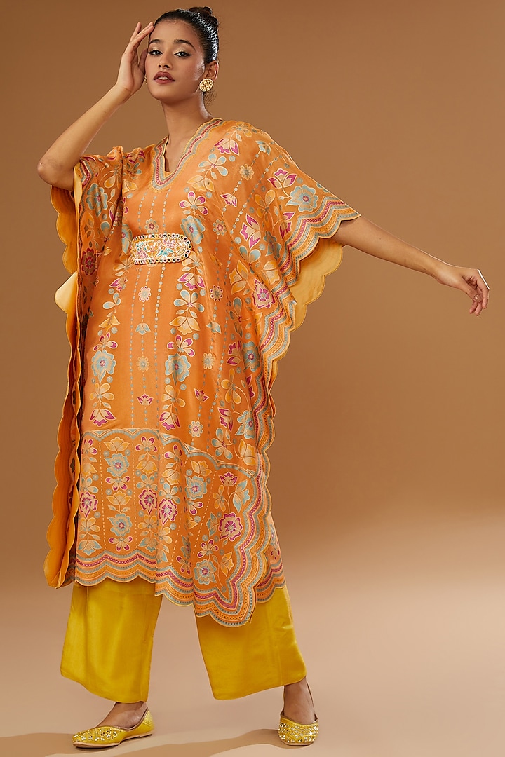 Orange Silk Zari Blend Floral Hand Printed Kaftan Set by I AM DESIGN