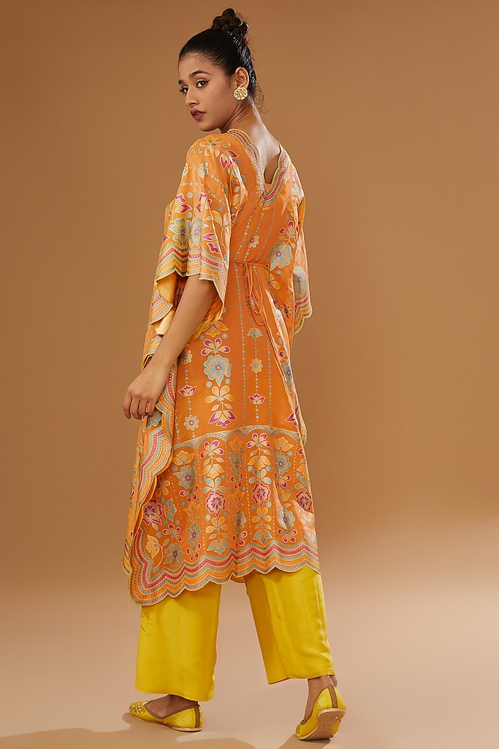 Orange Silk Zari Blend Floral Hand Printed Kaftan Set by I AM DESIGN at Pernia's Pop Up Shop