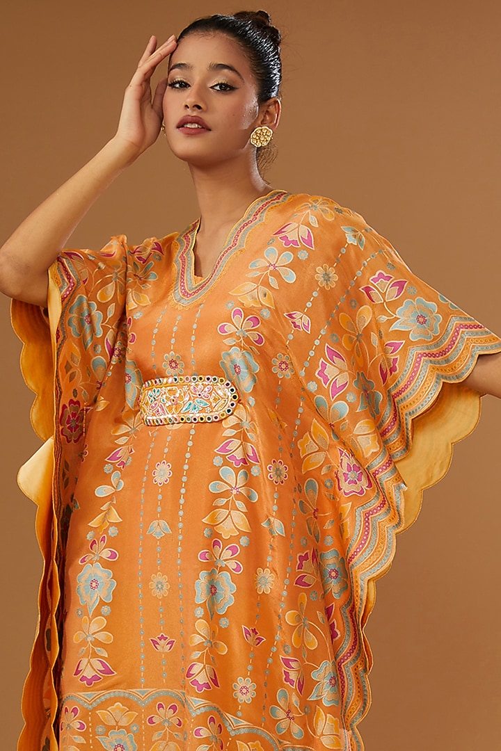Orange Silk Zari Blend Floral Hand Printed Kaftan Set by I AM DESIGN at Pernia's Pop Up Shop
