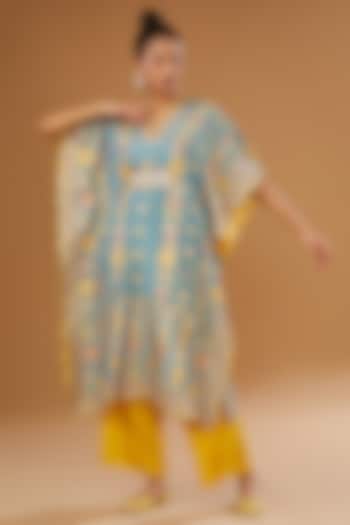 Blue Silk Zari Blend Floral Hand Printed Kaftan Set by I AM DESIGN at Pernia's Pop Up Shop