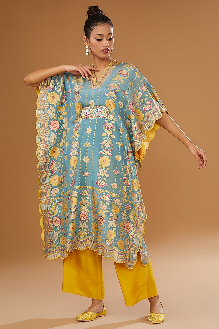 Blue Silk Zari Blend Floral Hand Printed Kaftan Set by I AM DESIGN at Pernia's Pop Up Shop
