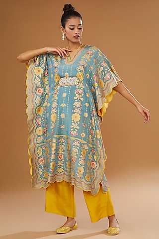 Blue Silk Zari Blend Floral Hand Printed Kaftan Set by I AM DESIGN