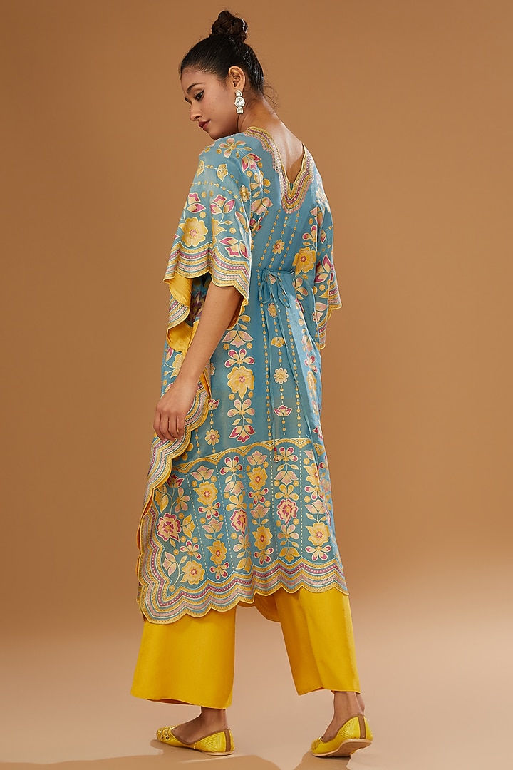 Blue Silk Zari Blend Floral Hand Printed Kaftan Set by I AM DESIGN at Pernia's Pop Up Shop