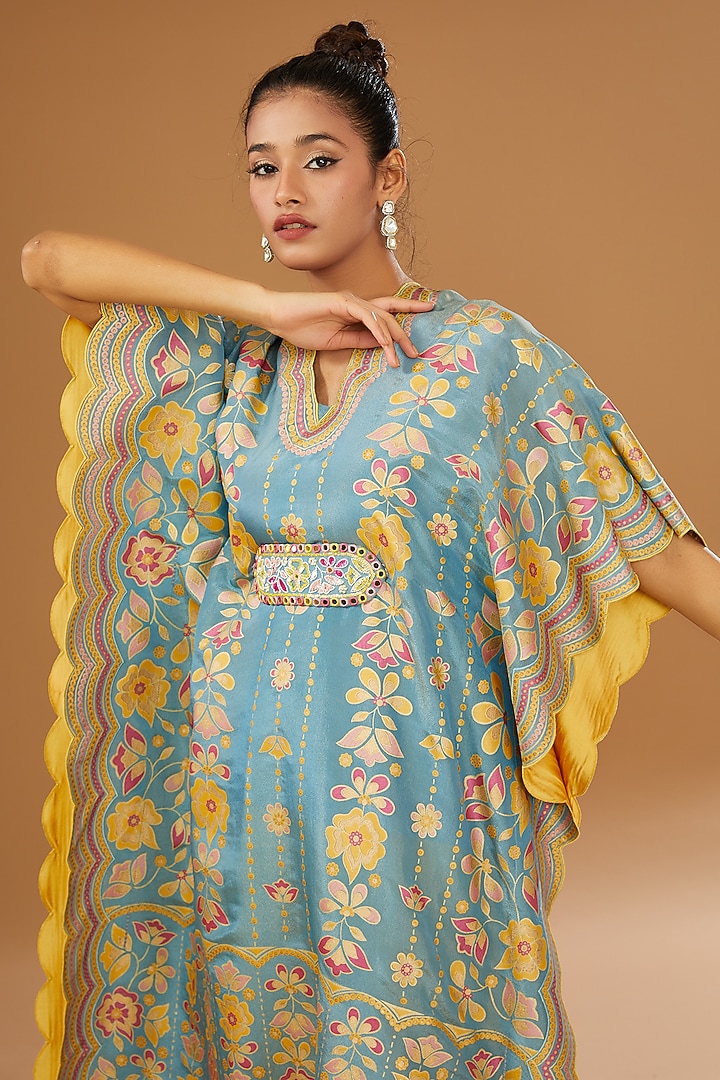 Blue Silk Zari Blend Floral Hand Printed Kaftan Set by I AM DESIGN at Pernia's Pop Up Shop