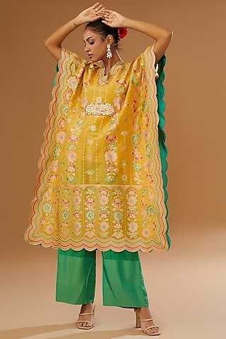 Mustard Silk Zari Blend Floral Hand Printed Kaftan Set by I AM DESIGN