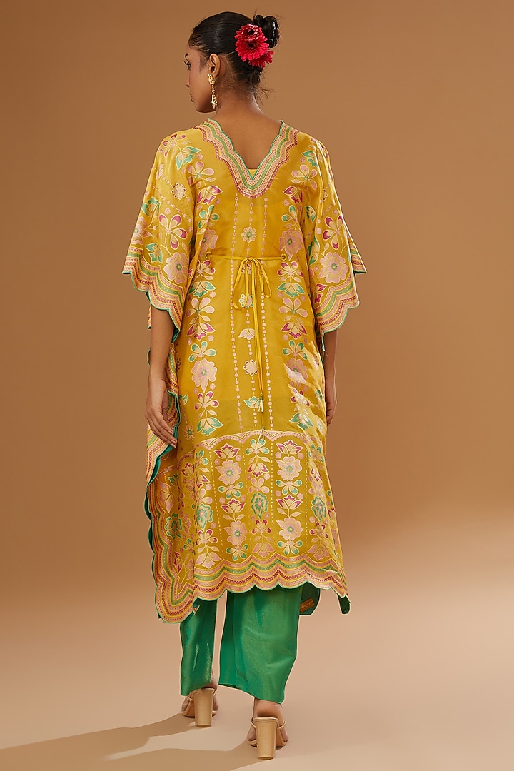 Mustard Silk Zari Blend Floral Hand Printed Kaftan Set by I AM DESIGN at Pernia's Pop Up Shop