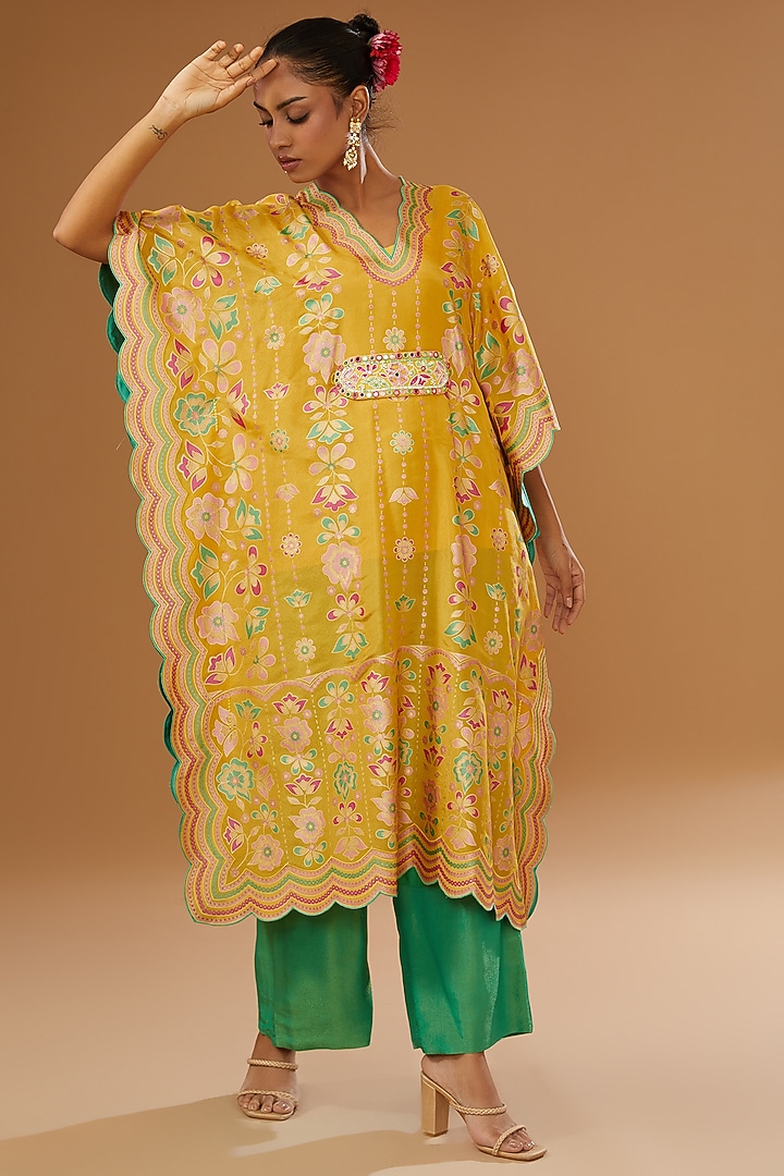 Mustard Silk Zari Blend Floral Hand Printed Kaftan Set by I AM DESIGN at Pernia's Pop Up Shop