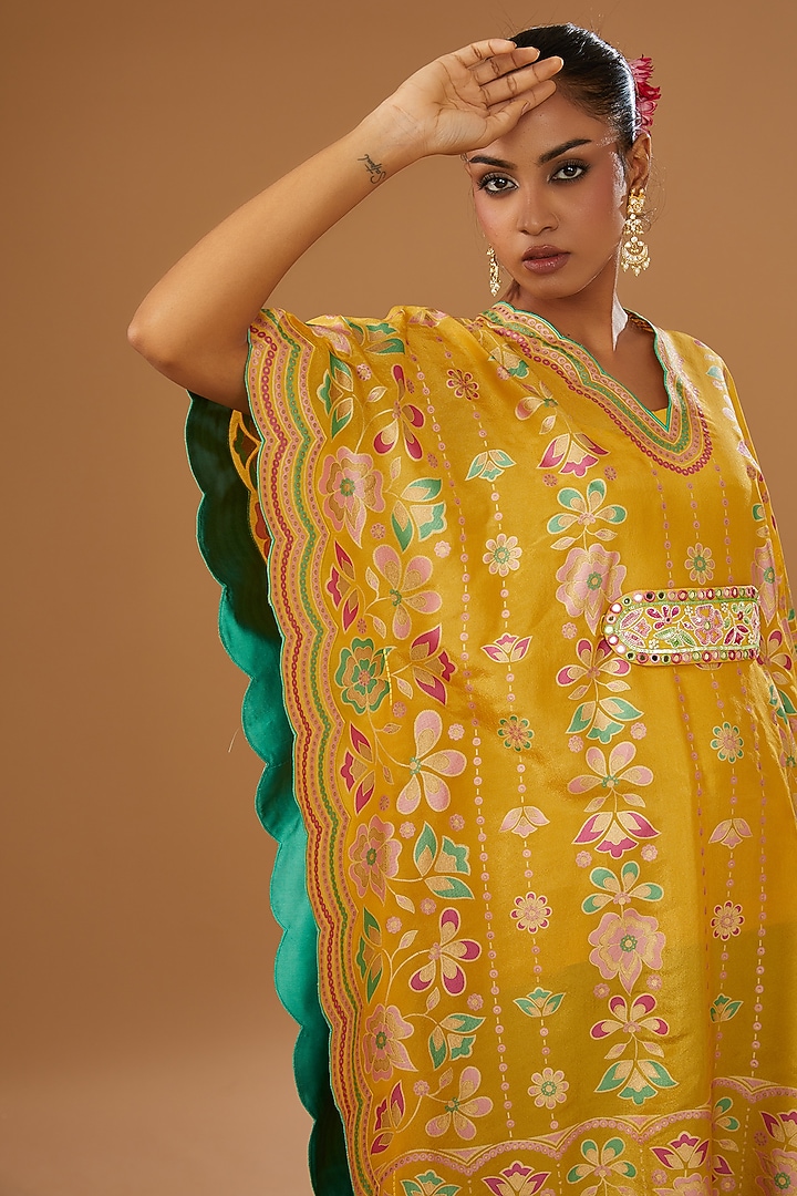 Mustard Silk Zari Blend Floral Hand Printed Kaftan Set by I AM DESIGN at Pernia's Pop Up Shop