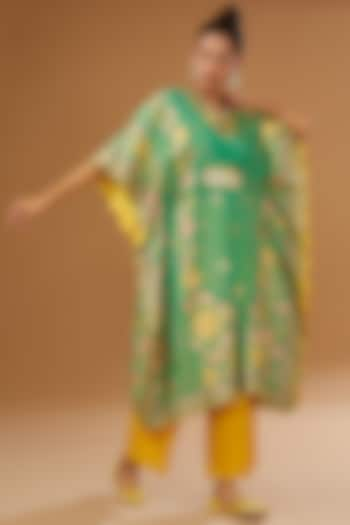 Green Silk Zari Blend Floral Hand Printed Kaftan Set by I AM DESIGN at Pernia's Pop Up Shop