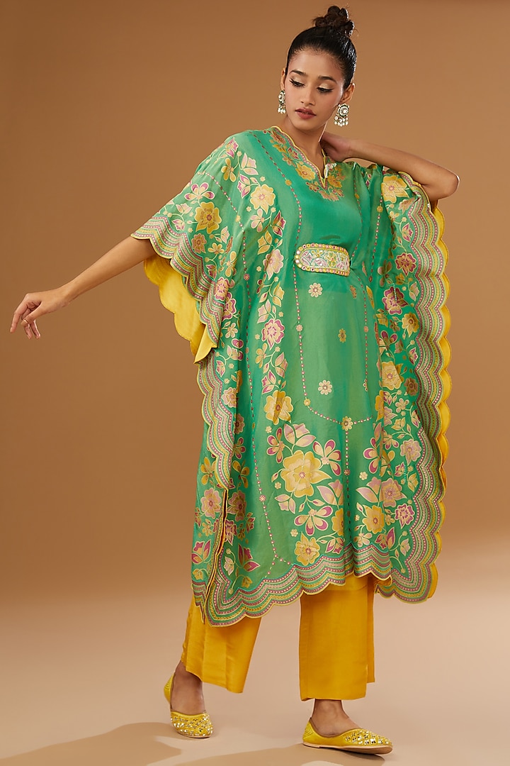 Green Silk Zari Blend Floral Hand Printed Kaftan Set by I AM DESIGN at Pernia's Pop Up Shop