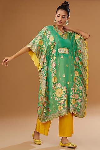 Green Silk Zari Blend Floral Hand Printed Kaftan Set by I AM DESIGN