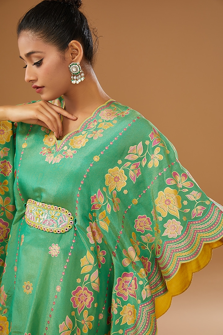 Green Silk Zari Blend Floral Hand Printed Kaftan Set by I AM DESIGN at Pernia's Pop Up Shop