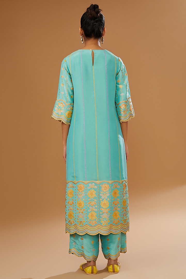 Blue Silk Zari Blend Embroidered & Floral Hand Printed Kurta Set by I AM DESIGN at Pernia's Pop Up Shop