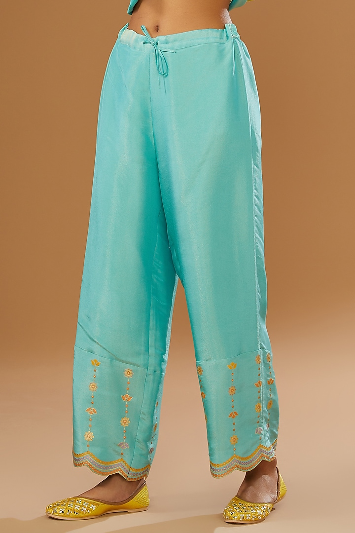 Blue Silk Zari Blend Embroidered & Floral Hand Printed Kurta Set by I AM DESIGN at Pernia's Pop Up Shop