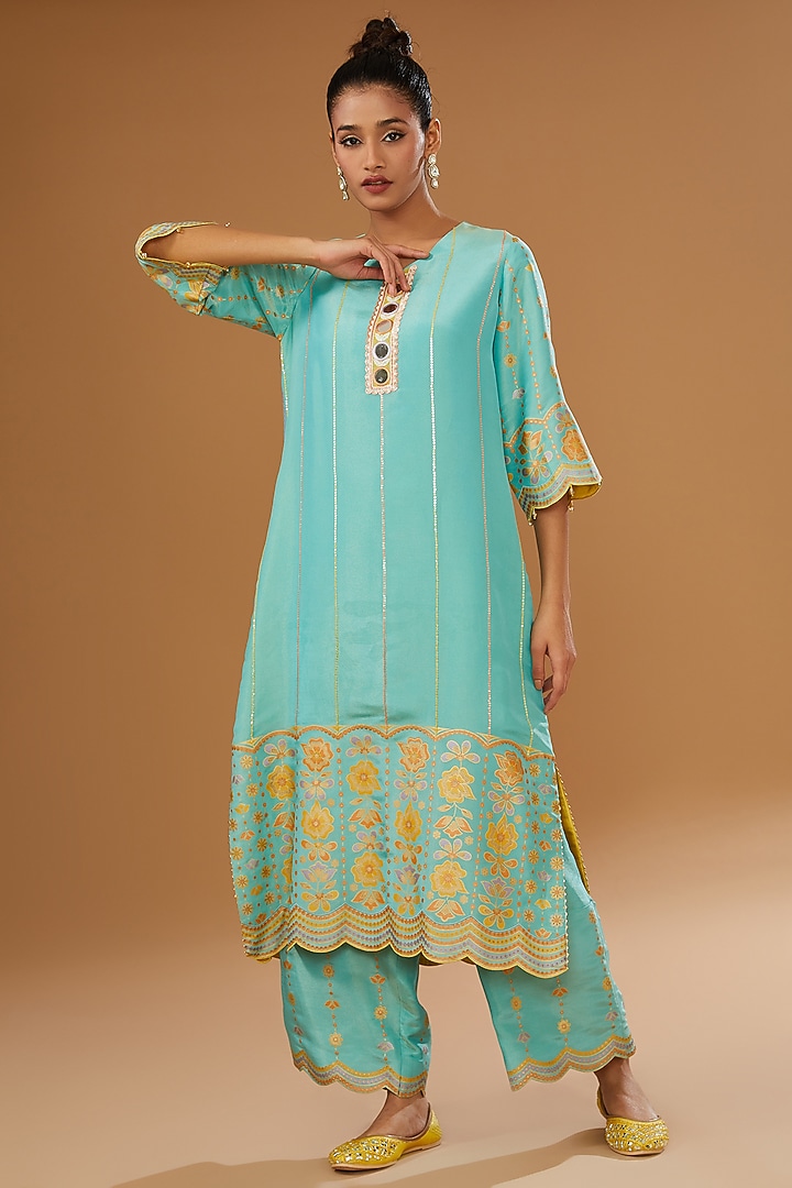 Blue Silk Zari Blend Embroidered & Floral Hand Printed Kurta Set by I AM DESIGN at Pernia's Pop Up Shop