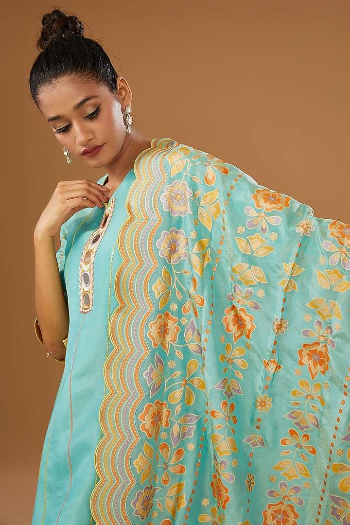 Blue Silk Zari Blend Embroidered & Floral Hand Printed Kurta Set by I AM DESIGN at Pernia's Pop Up Shop