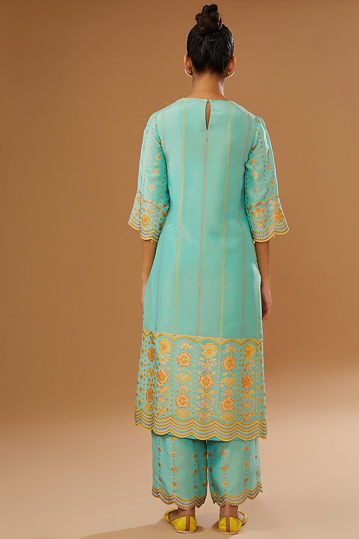 Blue Silk Floral Hand Printed Kurta Set by I AM DESIGN at Pernia's Pop Up Shop