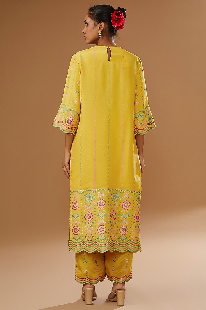 Mustard Silk Zari Blend Embroidered & Floral Hand Printed Kurta Set by I AM DESIGN at Pernia's Pop Up Shop