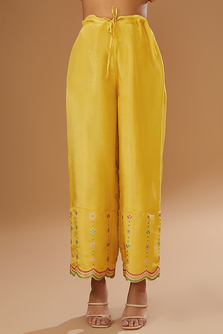 Mustard Silk Zari Blend Embroidered & Floral Hand Printed Kurta Set by I AM DESIGN at Pernia's Pop Up Shop