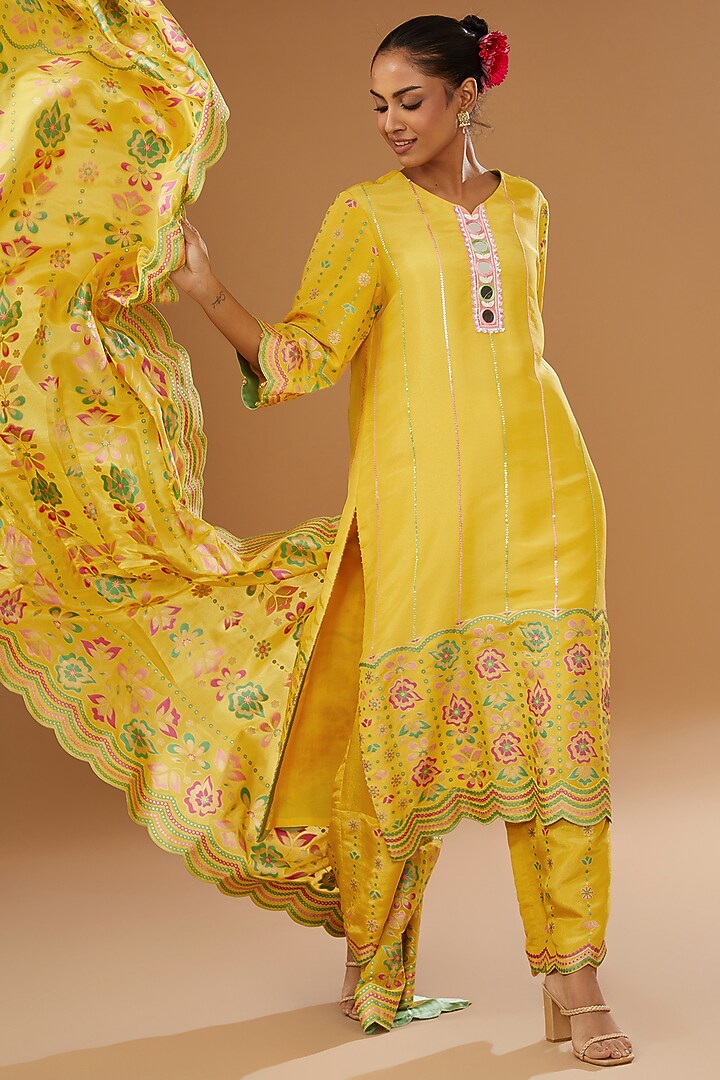 Mustard Silk Zari Blend Embroidered & Floral Hand Printed Kurta Set by I AM DESIGN at Pernia's Pop Up Shop